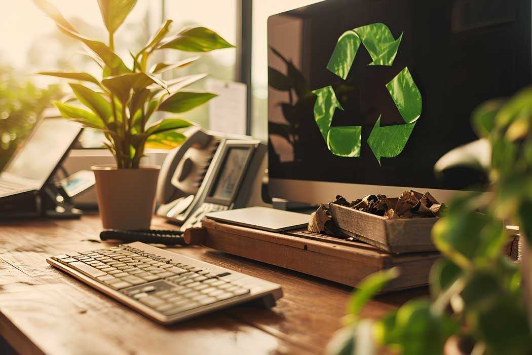 Das Bild zeigt einen Schreibtisch in einem Arbeitsraum, der an einer Fensterseite steht und in warmes Sonnenlicht getaucht ist. Auf dem Schreibtisch befindet sich eine Computermonitor, auf dem das bekannte Recycle-Symbol in grüner Farbe zu sehen ist. Neben dem Monitor liegen ein Ordner, eine Tastatur und ein Telefon. Auf der linken Seite des Bildes sind mehrere Pflanzen, inklusive einer in einem kleinen Topf, die für eine grüne, frische Atmosphäre sorgen. Darüber hinaus stehen im Hintergrund Bilder oder Karten, möglicherweise auf einem Ablagefach, die leicht schräg aufgestellt sind.