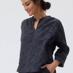 Edel bestickte Damen Bluse dunkelblau